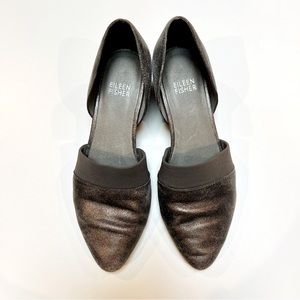Eileen Fisher pewter Venus metallic heels. Metallic leather, 6.5.